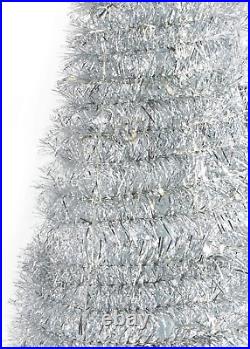Pop up Christmas Tree with Lights 5.9 Ft, Silver Tinsel, Collapsible for Easy
