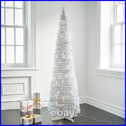 Pop up Christmas Tree with Lights 5.9 Ft, Silver Tinsel, Collapsible for Easy