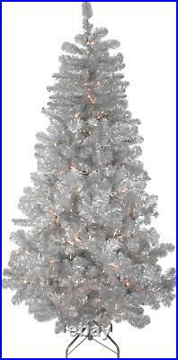 Pre-Lit Metallic Artificial Tinsel Christmas Tree, 4.5', Silver