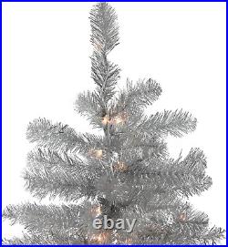 Pre-Lit Metallic Artificial Tinsel Christmas Tree, 4.5', Silver