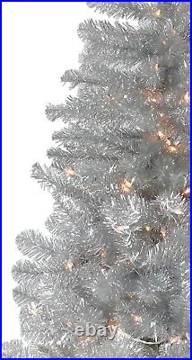 Pre-Lit Metallic Artificial Tinsel Christmas Tree, 4.5', Silver