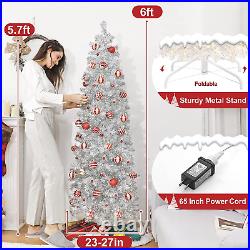 Pre-Lit Pencil Christmas Tree 6Ft Artificial Silver Tinsel Xmas Tree with Metal