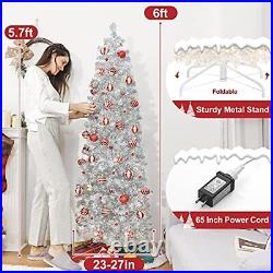 Pre-lit Pencil Christmas Tree 6ft Artificial Silver Tinsel Xmas Tree with