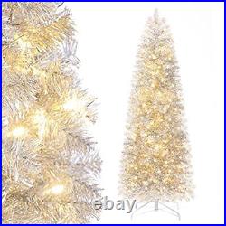 Pre-lit Pencil Christmas Tree 6ft Artificial Silver Tinsel Xmas Tree with Met