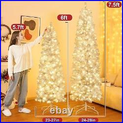 Pre-lit Pencil Christmas Tree 7.5ft Artificial Silver Tinsel Xmas Tree with M