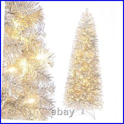 Pre-lit Pencil Christmas Tree Artificial Silver Tinsel Xmas Tree with 6ft