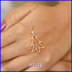 Real Diamond Christmas Tree Pendant Necklace 14K Rose Gold Plated 925 Silver