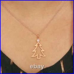 Real Diamond Christmas Tree Pendant Necklace 14K Rose Gold Plated 925 Silver
