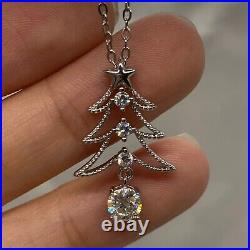 Real Moissanite 0.50Ct Round Christmas Tree Pendant 14K White Gold Plated Silver