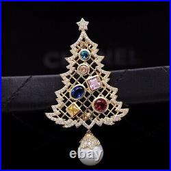 Real Moissanite 1.70Ct Round Christmas Tree Brooch 14K Yellow Gold Plated Silver