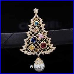 Real Moissanite 1.80Ct Round Christmas Tree Brooch 14K Yellow Gold Silver Plated