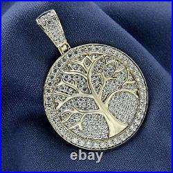 Real Moissanite 1Ct Round Tree Charm Pendant Men's14K Yellow Gold Silver Plated