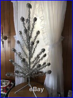 Retro Vintage 4.5 ft Stainless Aluminum Silver Christmas Tree with Pom Poms Rare