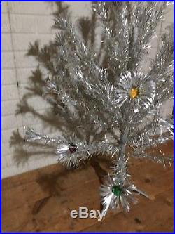 Retro Vintage 4ft Aluminum Silver Christmas Tree with Colored Pom Poms Rare