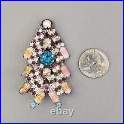 Rhinestone Christmas Tree Brooch Vtg Multicolor Givre Silver Tone Cupcake 2.75