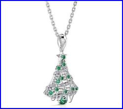 Round Cut Simulated Emerald Women's Christmas Tree Pendant 14k White Gold Plated