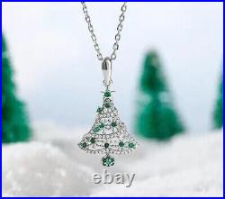 Round Cut Simulated Emerald Women's Christmas Tree Pendant 14k White Gold Plated