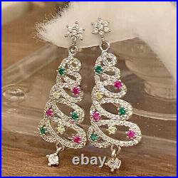 Round Cut Simulated Gemstone Christmas Tree Earrings Drop 14k White Gold Plated