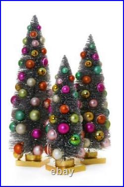 Silver Bottle Brush Christmas Trees with Rainbow Balls 11.5-18.5 Set of 3