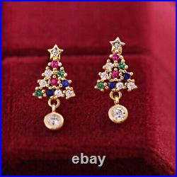 Simulated Emerald Christmas Tree Earrings Dangle Women 14K Yellow Silver Plated