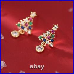 Simulated Emerald Christmas Tree Earrings Dangle Women 14K Yellow Silver Plated
