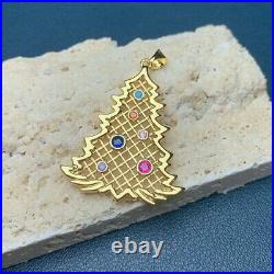 Simulated Multicolor Round Christmas Tree Pendant 14K Yellow Gold Plated Silver