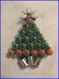 Sterling Silver Christmas Tree Brooch Pin Red Coral Malachite Agate VTG Jewelry