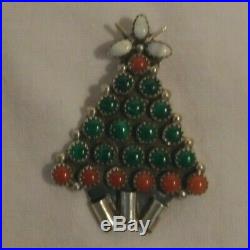 Sterling Silver Christmas Tree Brooch Pin Red Coral Malachite Agate VTG Jewelry