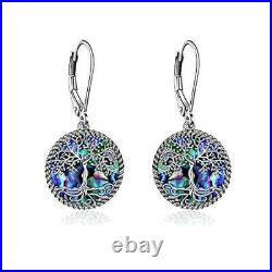 Sterling Silver Tree Of Life Colorful Abalone Shell Leverback Drop Earrings Gift