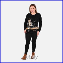 TAMSY Black Christmas Tree Gold Cotton Round Neck Full Sleeve Holiday Sweater-M