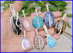 Tiger Eye & Mix Gemstone Tree Of Life Silver Wire Wrap Handmade Pendants Lot