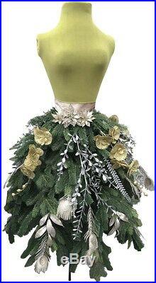 Unlit Dress Shaped Artificial Christmas Tree 5ft Decor Gold Flower Silver Leaves