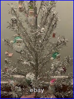 VINTAGE 1950s 5 ft. SILVER ALUMINUM TINSEL CHRISTMAS TREE withPOM POMS