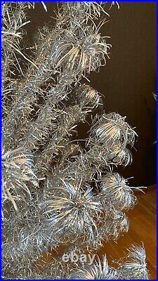 VINTAGE 7 FT TALL SILVER ALUMINUM TINSEL CHRISTMAS TREE withPOM POMS 97 BRANCH