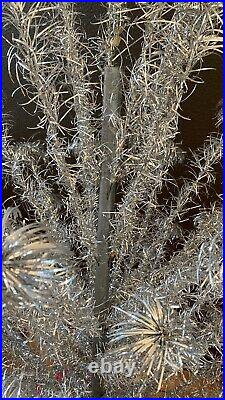 VINTAGE 7 FT TALL SILVER ALUMINUM TINSEL CHRISTMAS TREE withPOM POMS 97 BRANCH