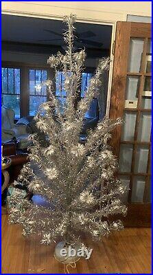 VINTAGE SILVER ALUMINUM 6 1/2 Feet POM POM CHRISTMAS TREE 77 BRANCHES With Stand