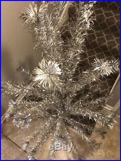 VINTAGE SILVER CHRISTMAS TREE ALUMINUM 6 FOOT 46 Branch Tripod stand GOOD SHAPE
