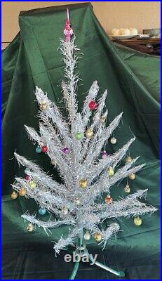 VTG Aluminum Christmas Tree 4', Taper In Box, 43 Ornaments, Some Mercury 50-60s
