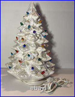 Vintage 17 Inch Ceramic Christmas Tree With Lights. White With Silver Accent