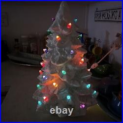 Vintage 17 Inch Ceramic Christmas Tree With Lights. White With Silver Accent