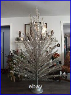 Vintage 1950's Aluminum 7 foot Christmas Tree Original Silver Stand 86 Pieces