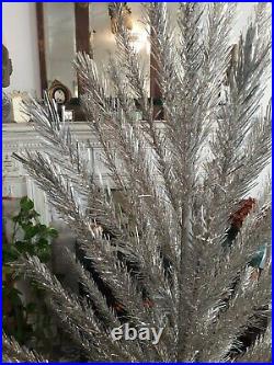 Vintage 1950's Aluminum 7 foot Christmas Tree Original Silver Stand 86 Pieces