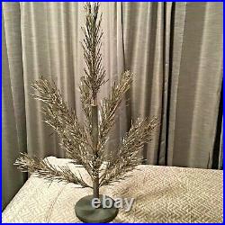 Vintage 2 Foot Silver Aluminum Christmas Tree Wood Stand Box 13 Branches Table T