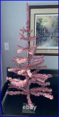 Vintage 4Ft. Pink & Silver Aluminum Tinsel Christmas Tree With Metal Base