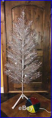 Vintage 5 and half Ft Silver Aluminum Christmas Tree 64 Branches WithColor Wheel