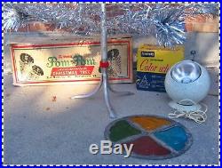 Vintage 50s 60s Christmas 7' Pom Pom Silver Aluminum Sparkler Tree + Color Wheel