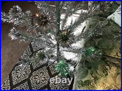 Vintage 6 Ft Silver Pom Pom Aluminum Christmas Tree Penetray Color Wheel Stand
