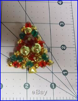 Vintage Christmas Tree Gold Silver Plated Pearls Color Rhinestone Pin Brooch 3 D