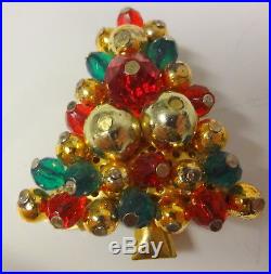 Vintage Christmas Tree Gold Silver Plated Pearls Color Rhinestone Pin Brooch 3 D