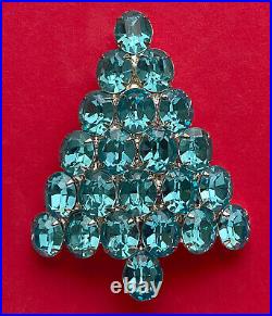 Vintage Christmas Tree Pin Brooch Attruia Aqua Blue Rhinestones Large Signed Htf